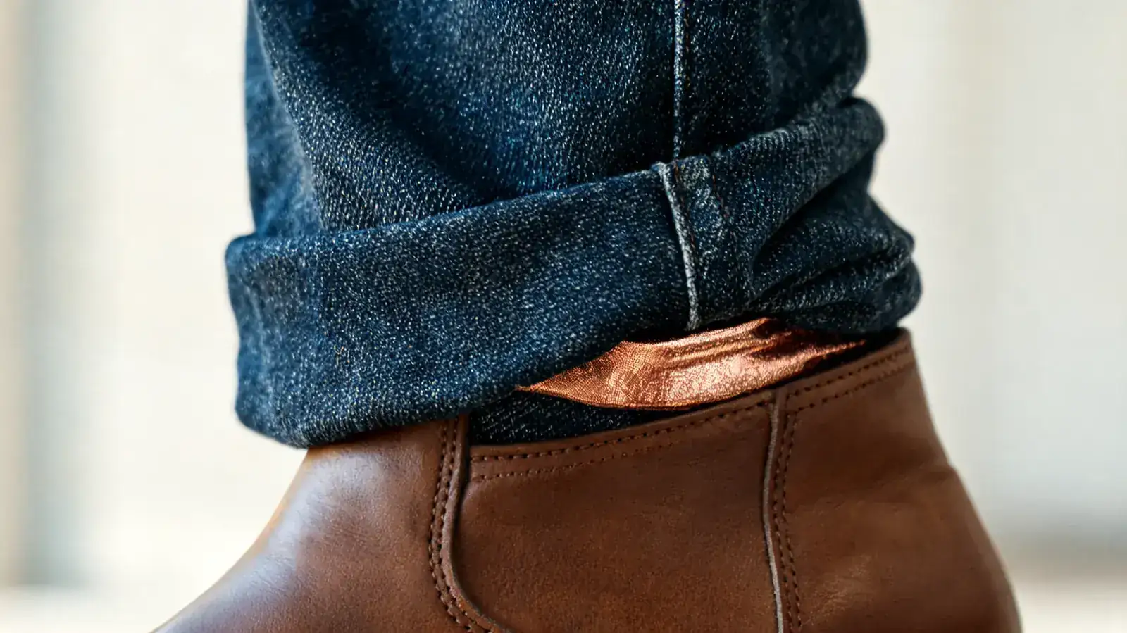 Close-up of the bottom of a jean leg and ankle boot, with just the very bottom edge of a thin copper compression sleeve barely visible above the boot shaft