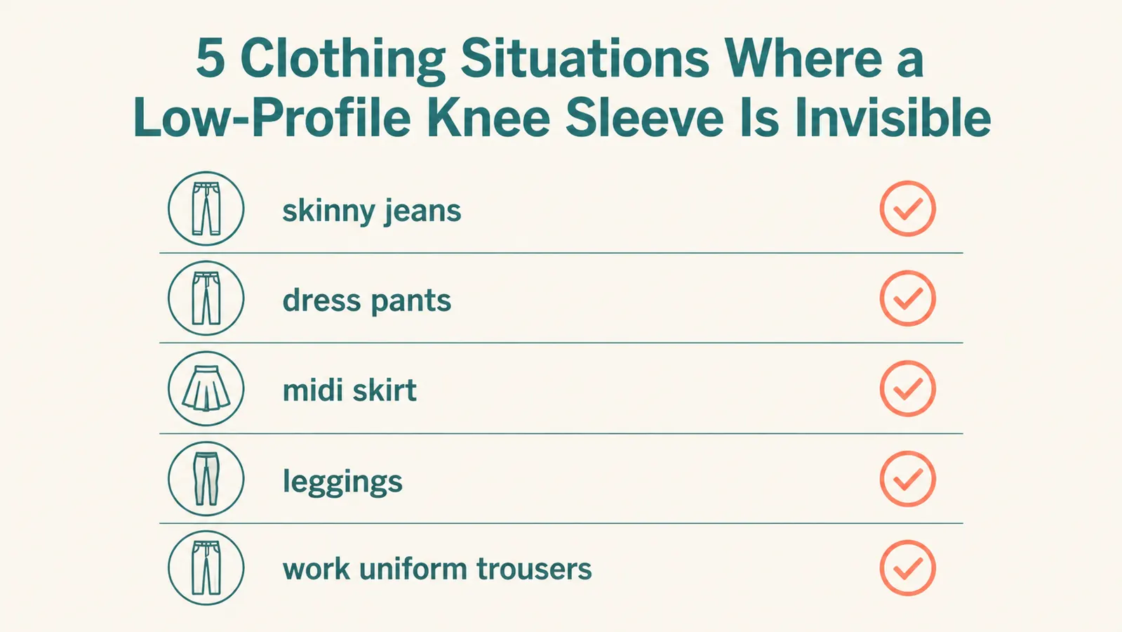 Simple infographic showing five clothing situations where a low-profile knee sleeve works: skinny jeans, work trousers, a dress, leggings, and shorts