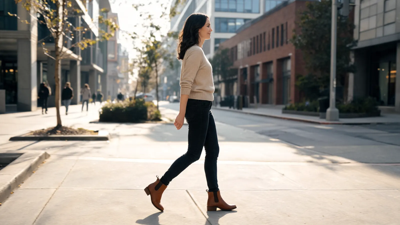 Woman in her 30s wearing dark skinny jeans and ankle boots walking confidently on a city sidewalk, knee sleeve completely hidden under her clothes, natural daylight