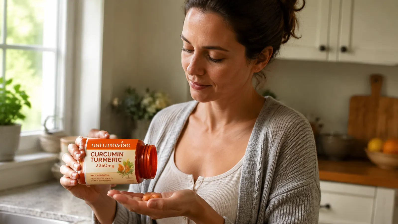 Woman pouring two orange capsules from a NatureWise Curcumin bottle into her palm over a kitchen counter