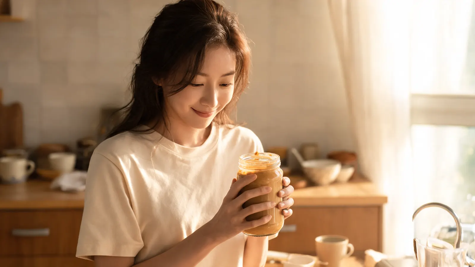 Woman in her early 30s smiling quietly while holding an open jar of peanut butter at a kitchen counter, soft morning light through a window behind her