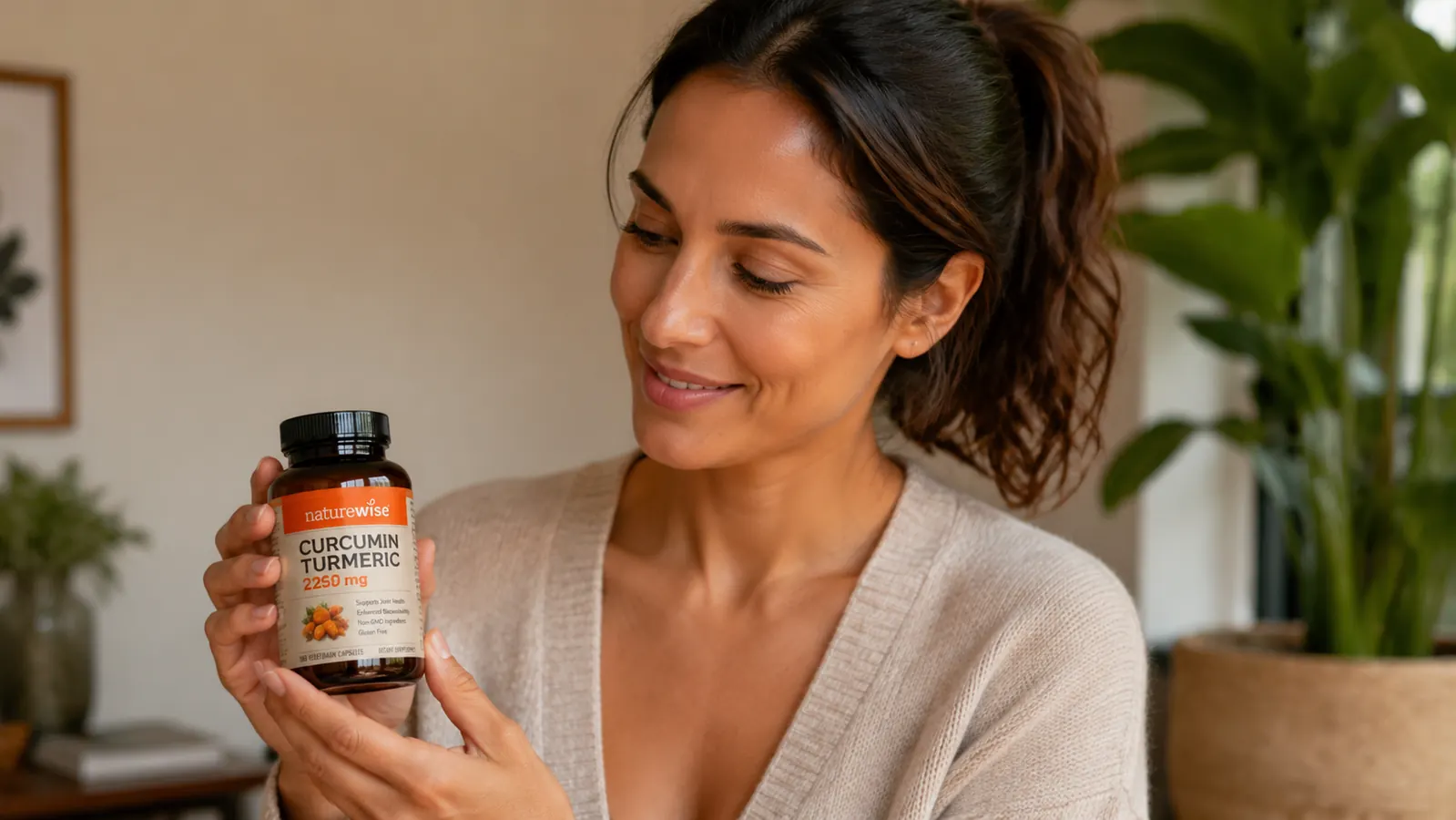 Hand opening a NatureWise Curcumin bottle with orange turmeric capsules visible spilling slightly onto a white surface