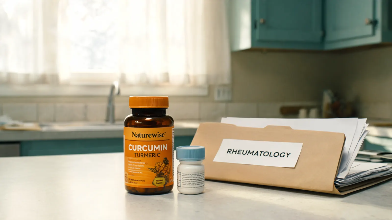 NatureWise Curcumin bottle sitting on a kitchen counter beside a stack of rheumatology paperwork and a prescription bottle