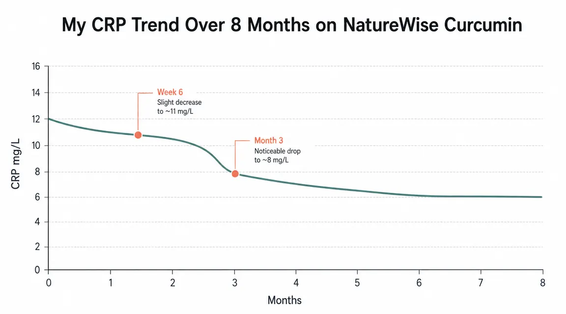 Line chart showing CRP inflammation marker levels declining over 8 months of curcumin use, with labeled milestones at week 2, week 6, month 3, and month 8