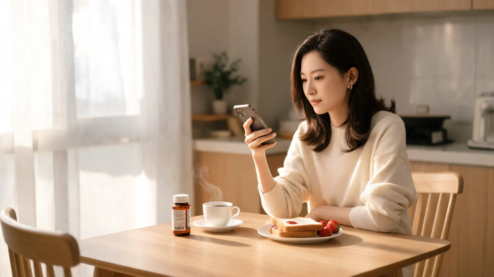 Young woman sitting at a breakfast table with coffee, a plate of food, and a supplement bottle, looking relaxed in morning light