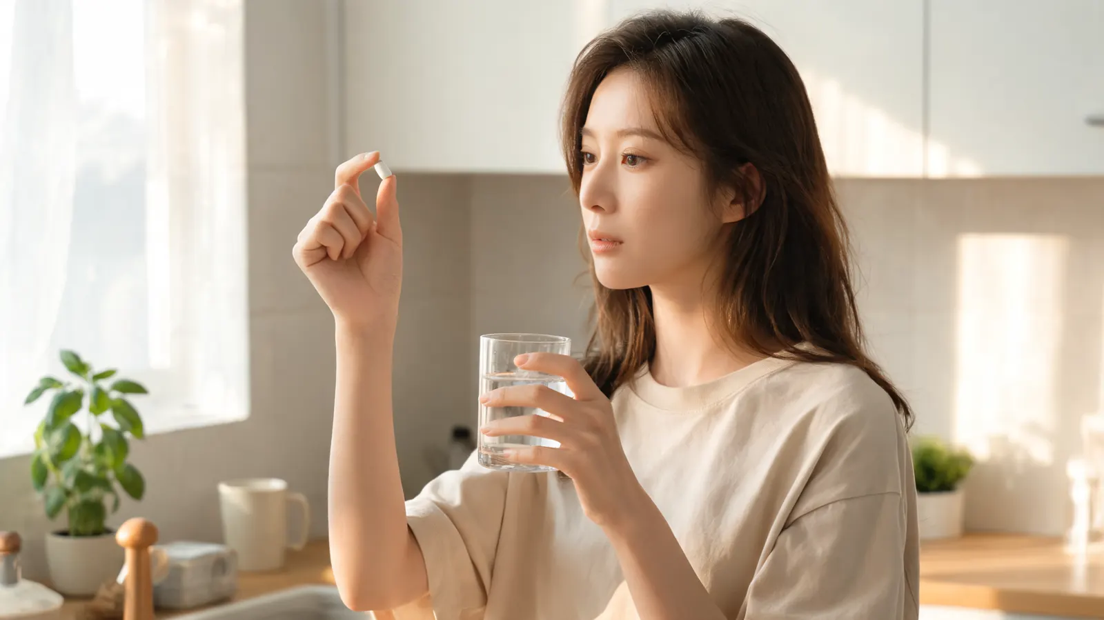 Young woman in her early 30s standing at a kitchen counter in morning light, holding a glass of water and a supplement capsule, dressed in casual clothes, warm natural lighting