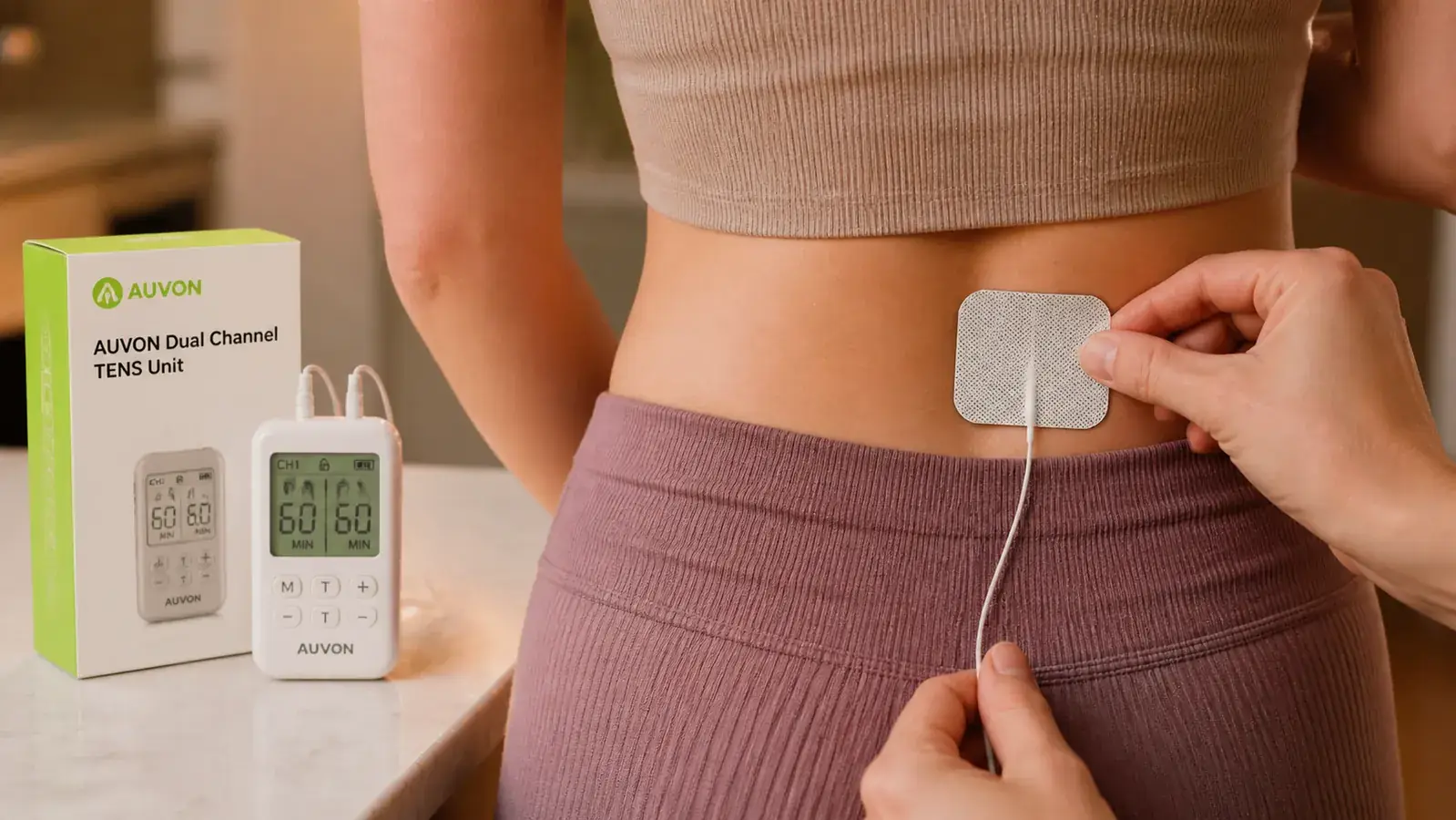 Hand carefully placing a TENS electrode pad on a woman's lower back, skin visible, small AUVON device on the counter beside her