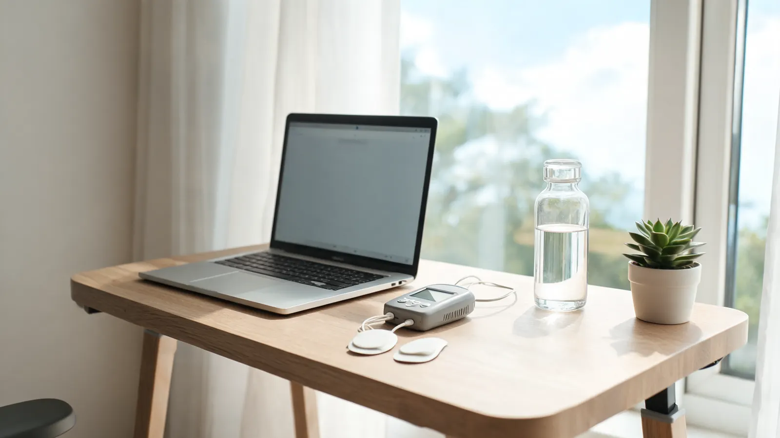 TENS unit sitting on a standing desk next to a laptop, water bottle, and a small succulent plant
