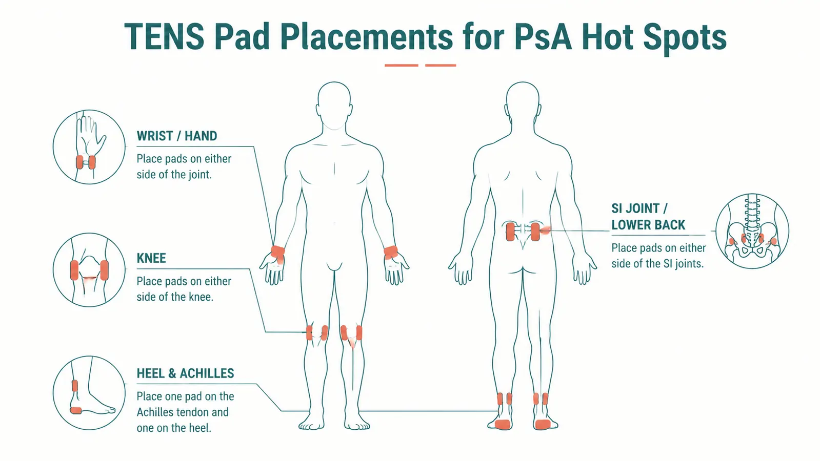 Simplified diagram showing TENS electrode pad placement positions for sacroiliac joint, heel/Achilles, and knee on a body outline