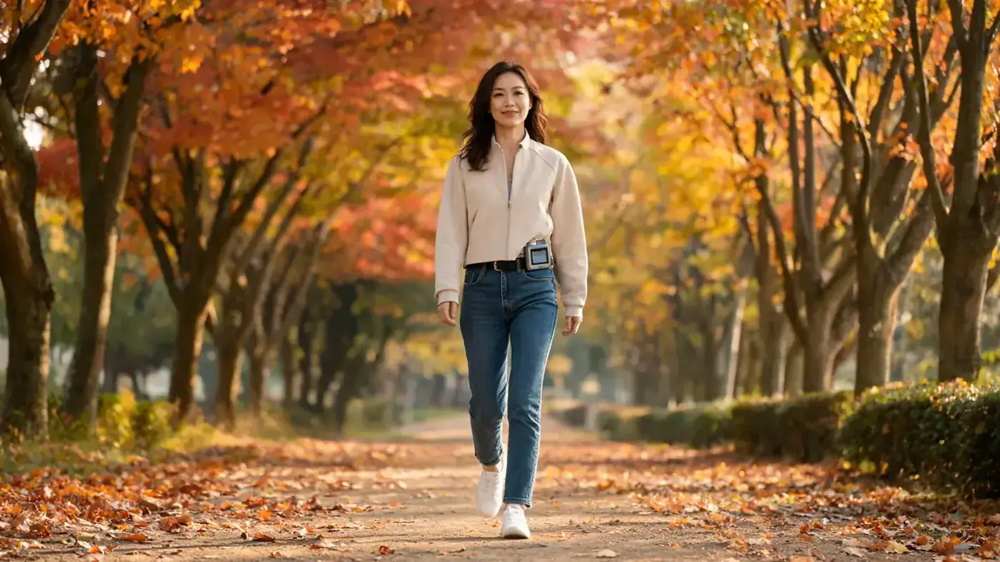Woman in her early 30s walking outside on a fall trail, small TENS unit clipped discreetly to her waistband, relaxed expression
