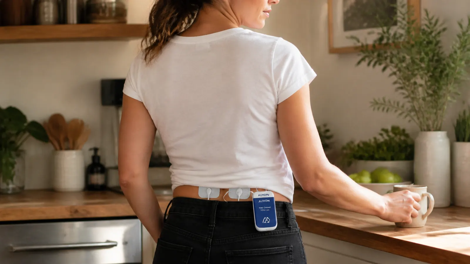 AUVON TENS unit clipped to a belt with electrode pads adhered to the lower back, person standing naturally in casual clothes