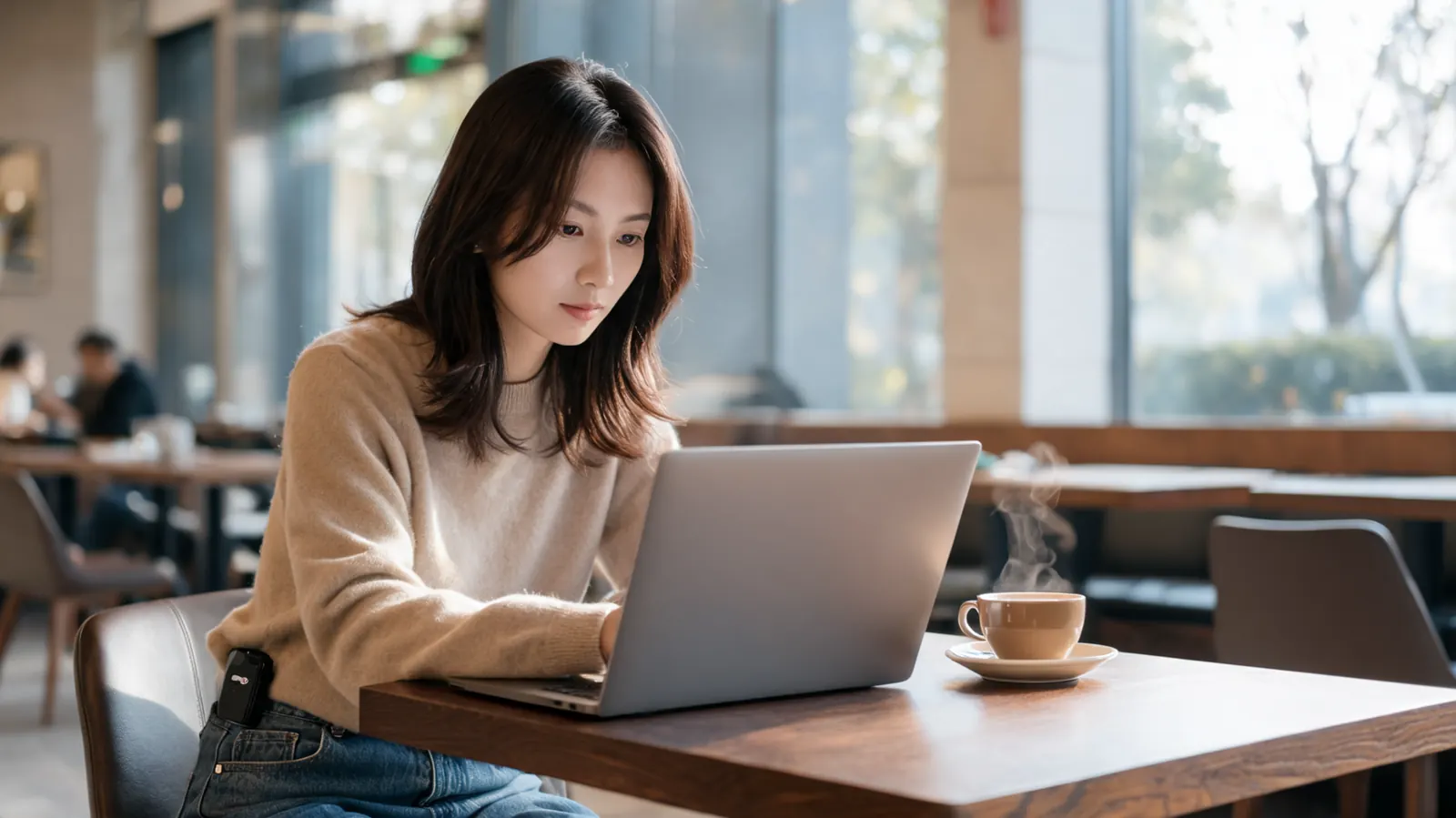 Young woman sitting at a coffee shop table with a laptop open, looking relaxed, with a small TENS unit discreetly clipped to her waistband under her jacket