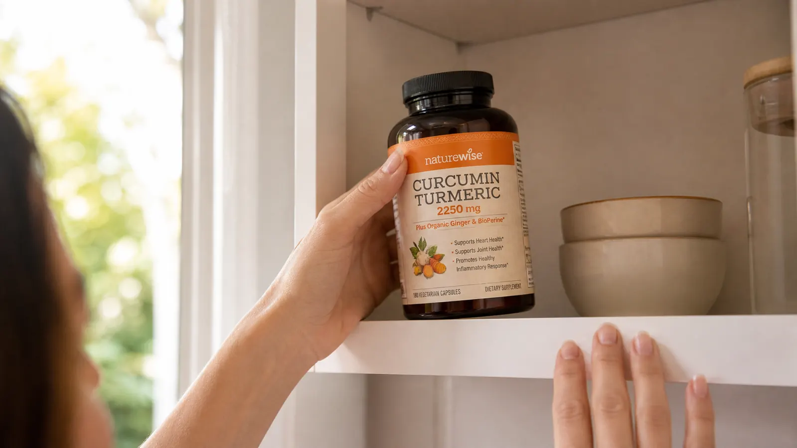 Hand picking up a bottle of NatureWise Curcumin Turmeric from a kitchen shelf, close-up