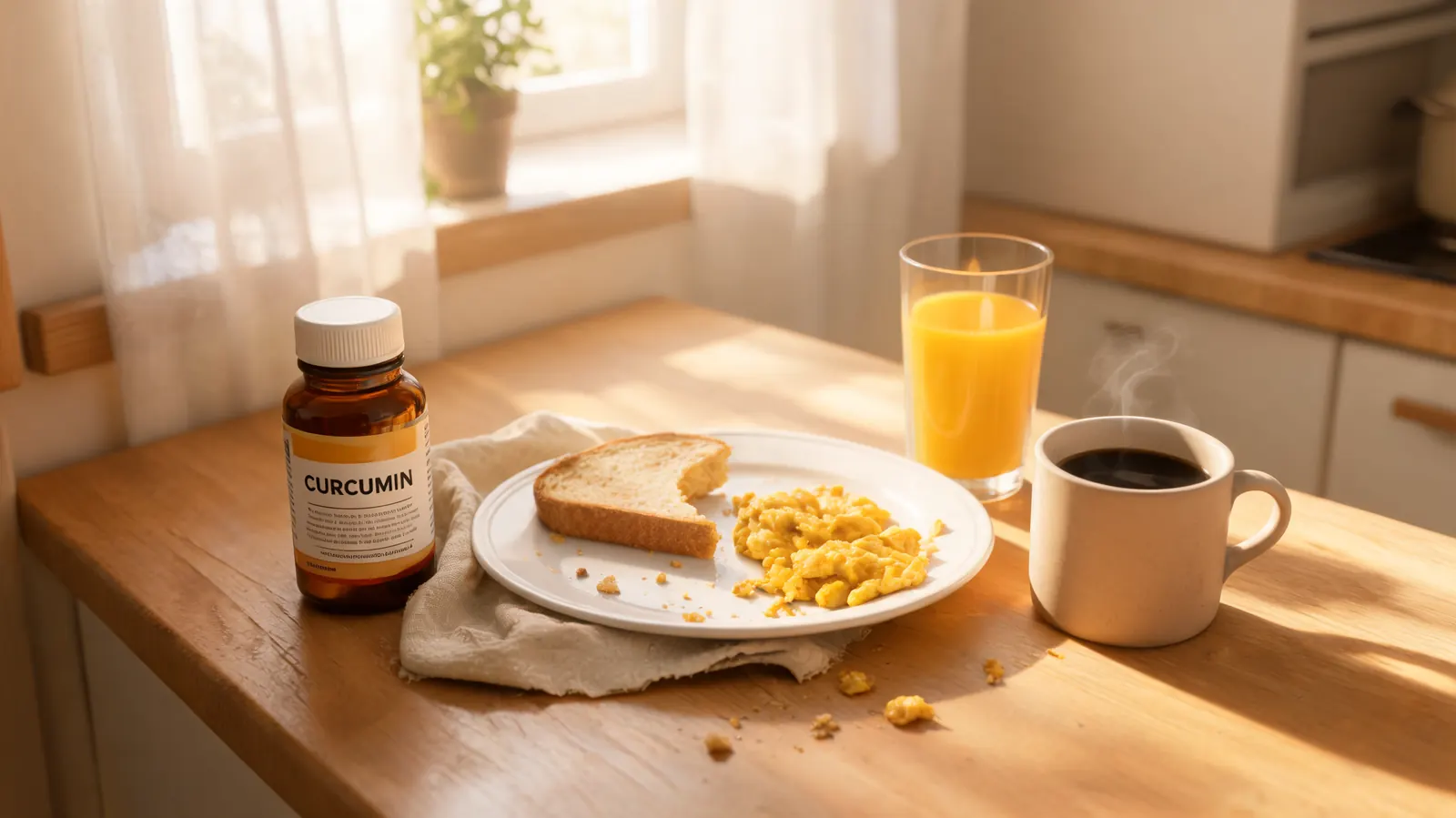 Morning kitchen scene with a bottle of curcumin supplement visible next to a breakfast plate, warm domestic light