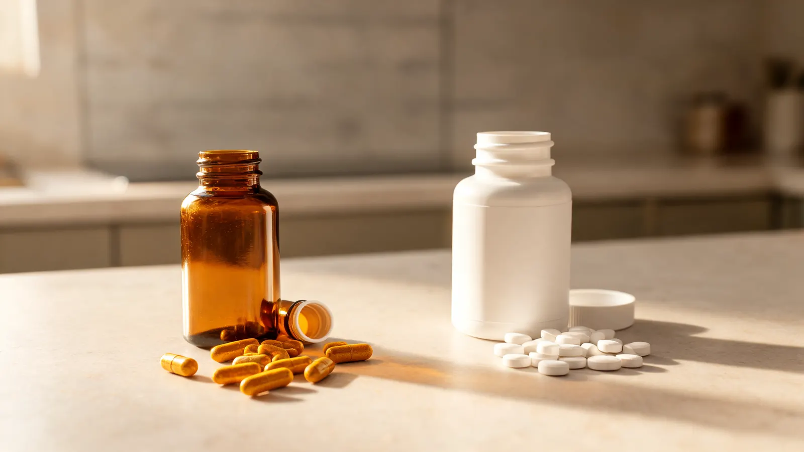 Turmeric curcumin capsules on the left and glucosamine pills on the right, side by side on a kitchen counter with natural morning light