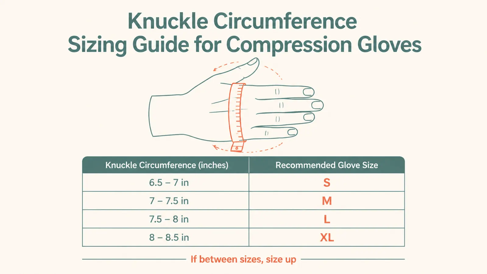 Illustrated sizing guide showing a hand with a measuring tape around the knuckle circumference, with a small table matching knuckle measurements in inches to glove size letters S through XL