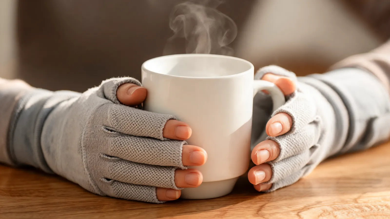 Hands wearing open-finger compression gloves cradling a white ceramic coffee mug, soft morning light