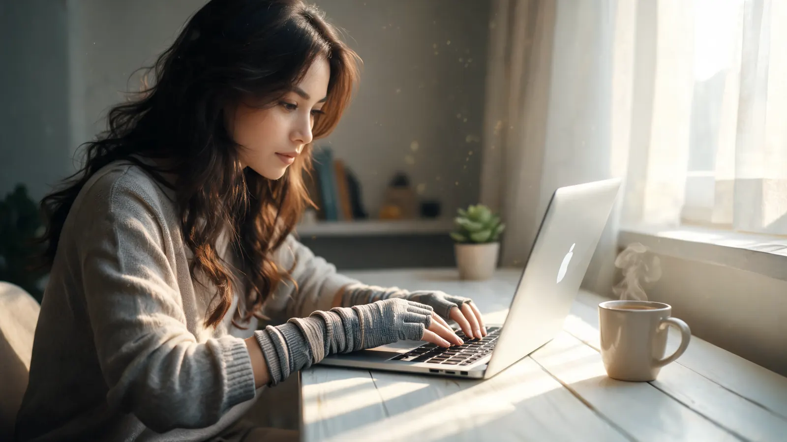 Woman in her 30s wearing open-finger compression gloves while typing on a laptop in a sunny home office, warm morning light coming through a window